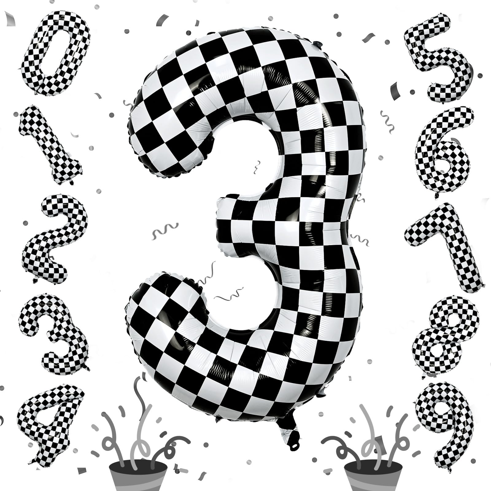 isndare 40-inch checkered number 3 balloon showcases bold racing style for birthday décor