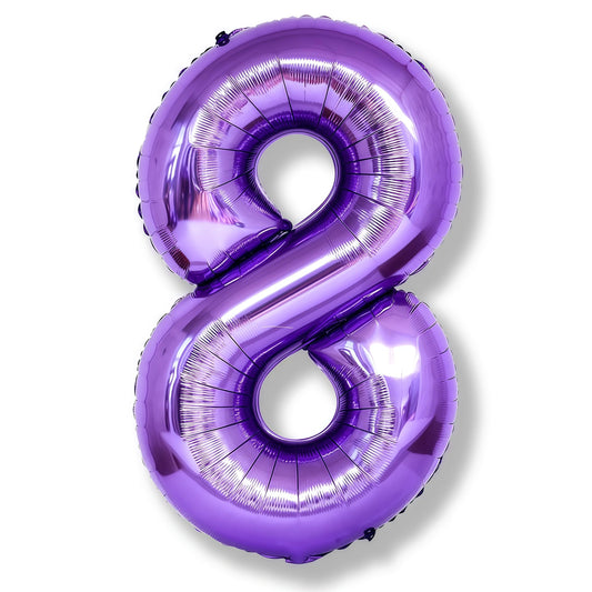Isndare 8th birthday purple foil balloon creates a bold photo backdrop.