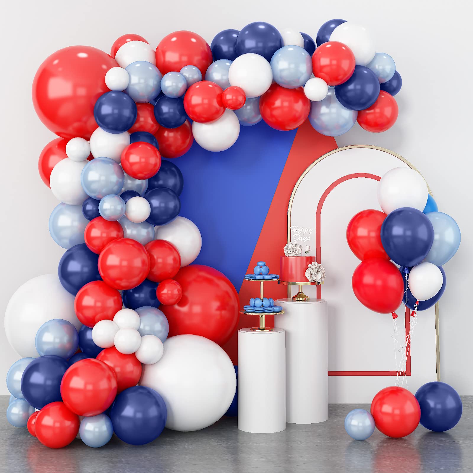 Isndare balloon arch kit in baseball colors creating a bold patriotic backdrop