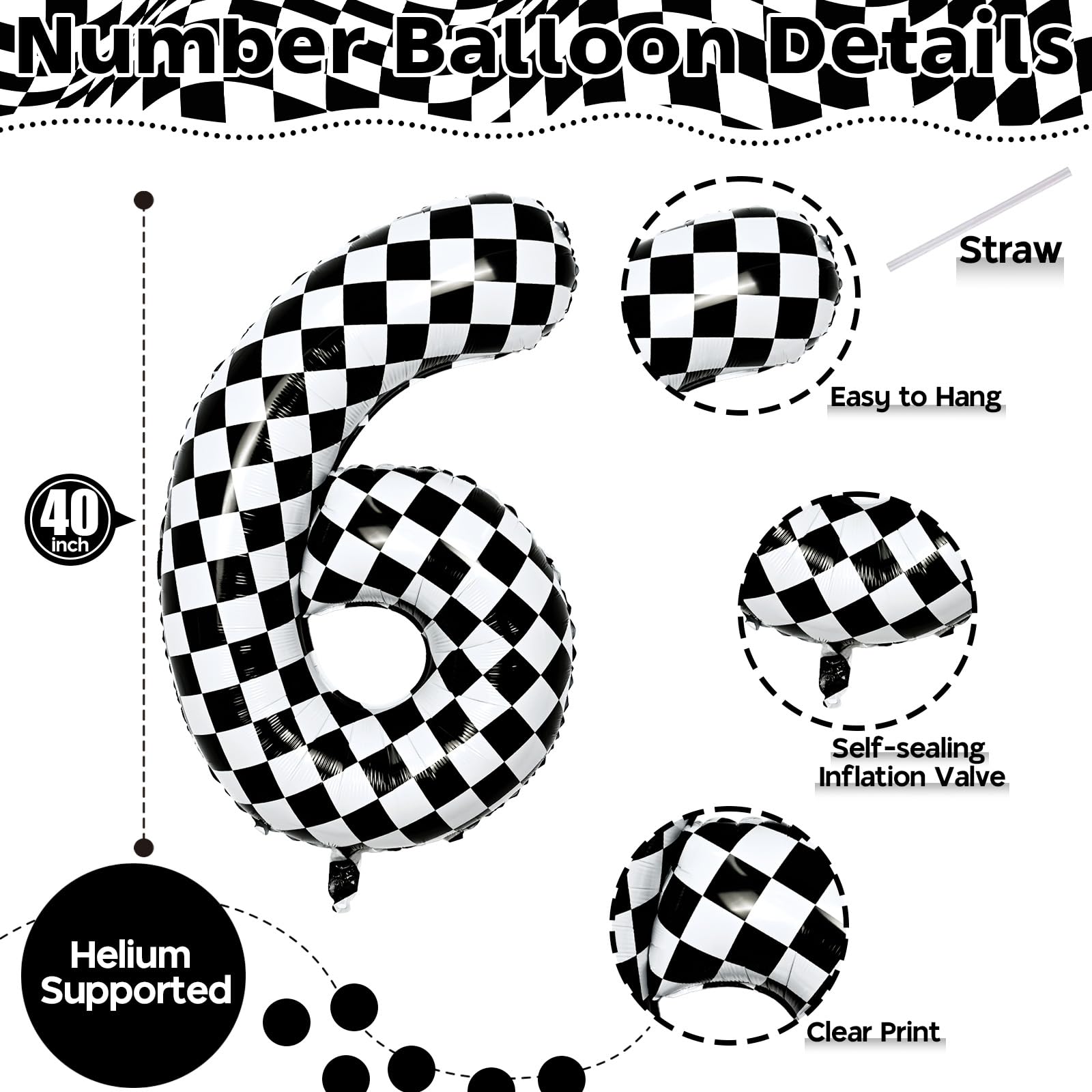 Isndare black-and-white checkered 6 foil balloon adds dramatic party flair.