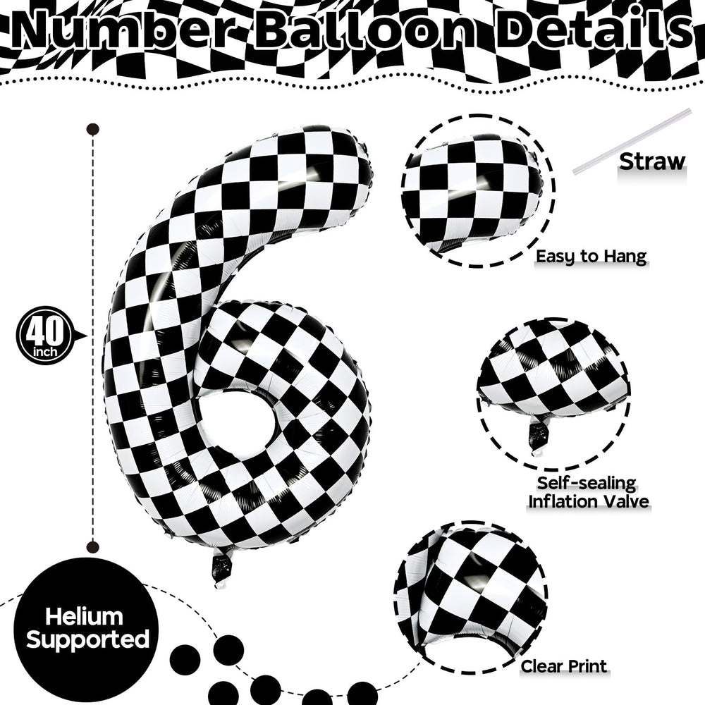 Isndare black-and-white checkered 6 foil balloon adds dramatic party flair.