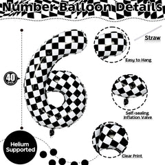 Isndare black-and-white checkered 6 foil balloon adds dramatic party flair.