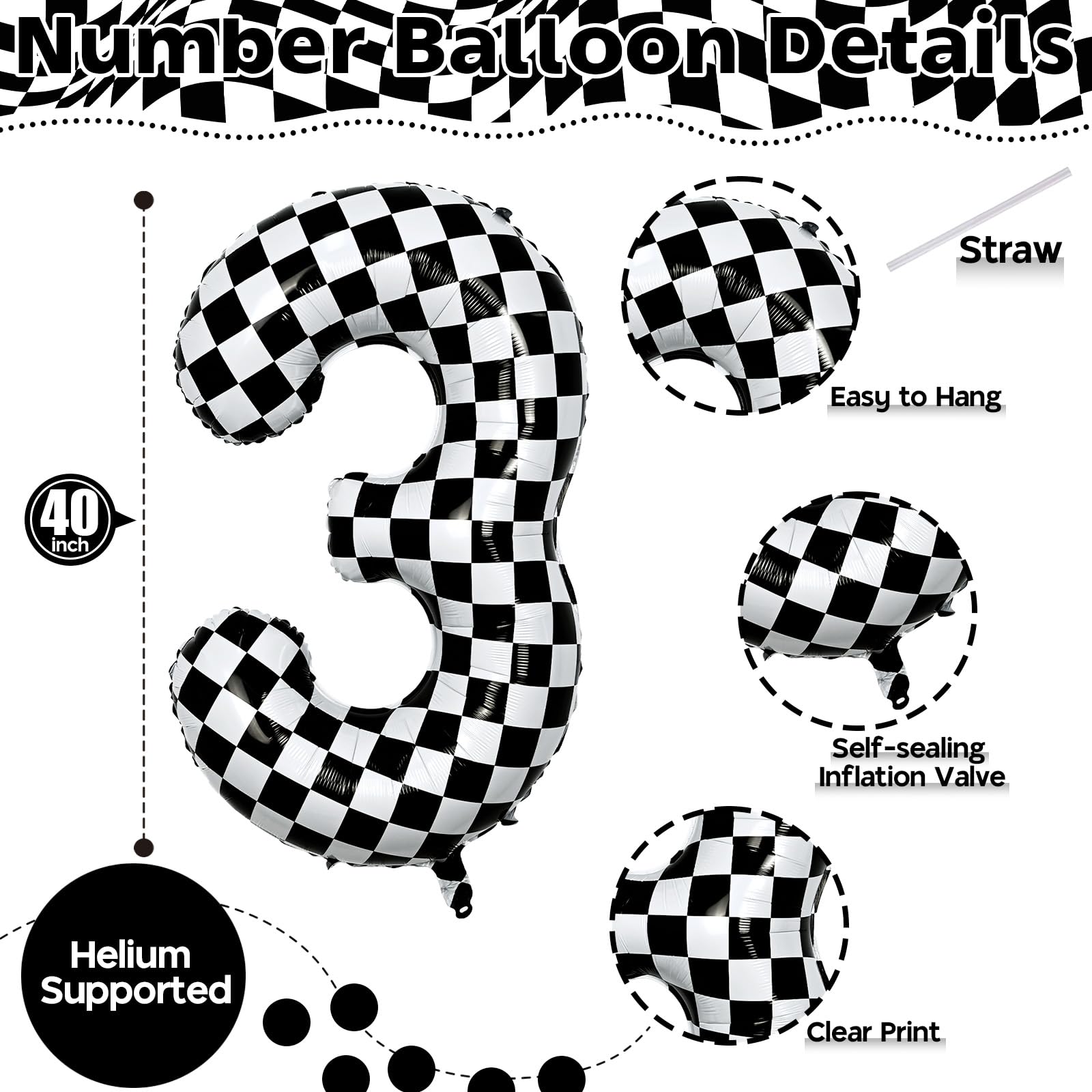 isndare checkered foil number 3 balloon adds glossy impact to party backdrops with easy setup