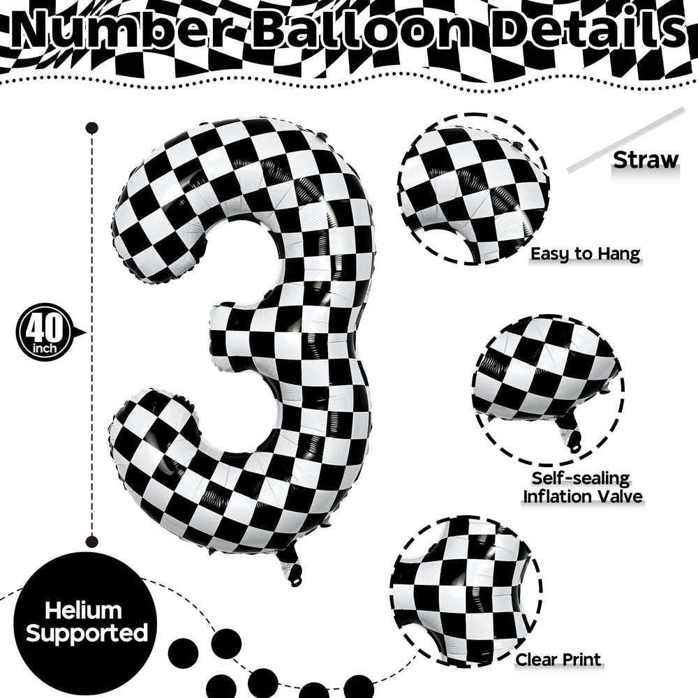 isndare checkered foil number 3 balloon adds glossy impact to party backdrops with easy setup