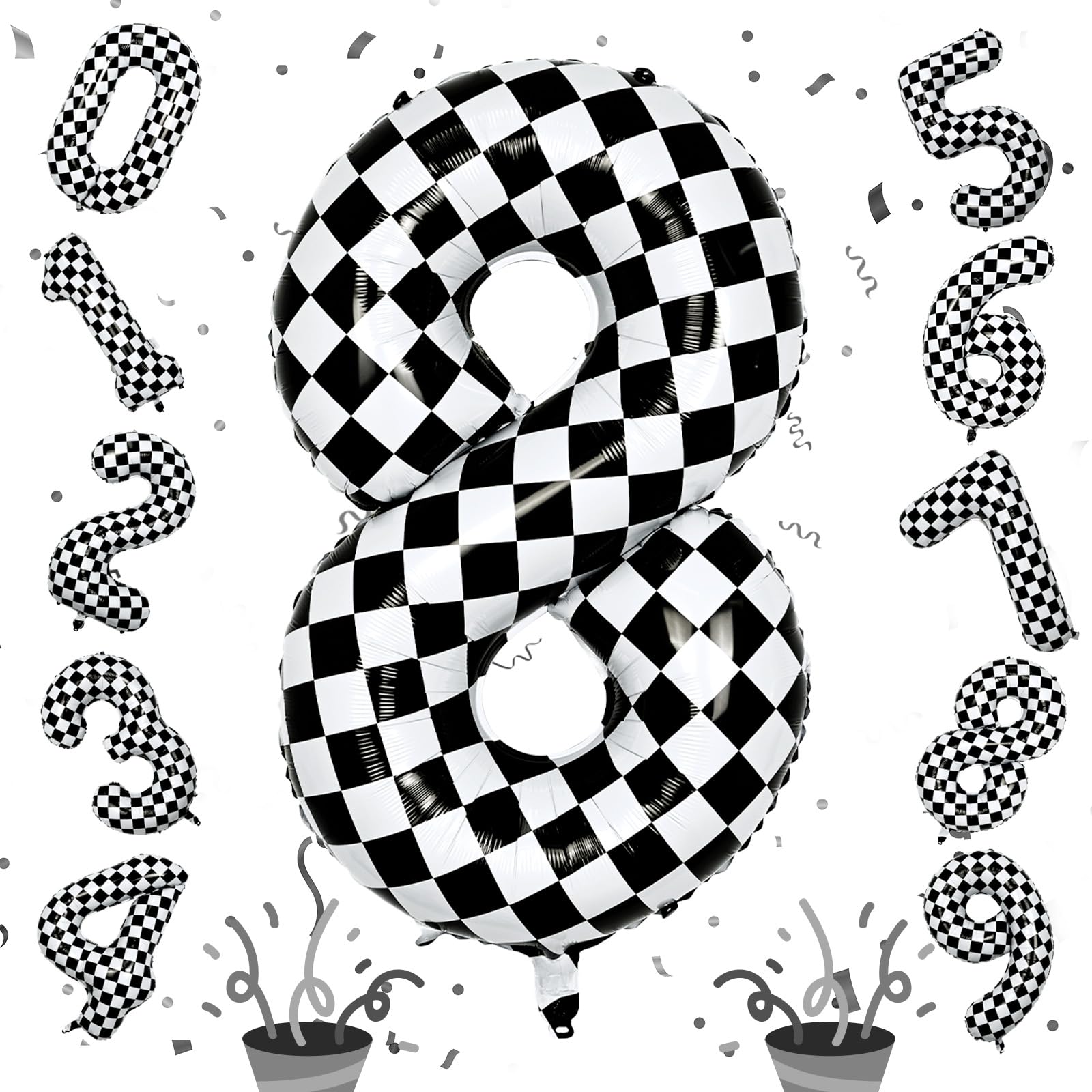 Isndare foil 40in checkered 8th birthday balloon forms bold party backdrop for guests.