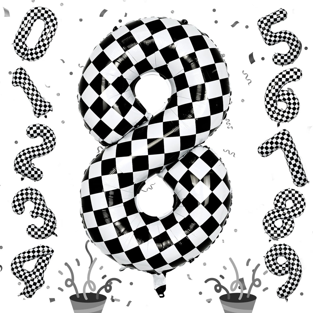 Isndare foil 40in checkered 8th birthday balloon forms bold party backdrop for guests.