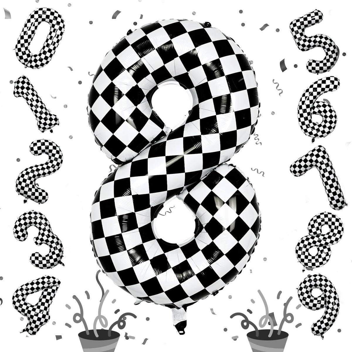 Isndare foil 40in checkered 8th birthday balloon forms bold party backdrop for guests.