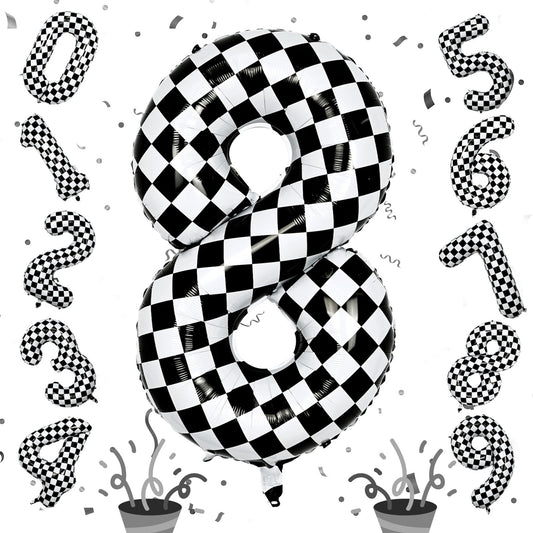 Isndare foil 40in checkered 8th birthday balloon forms bold party backdrop for guests.