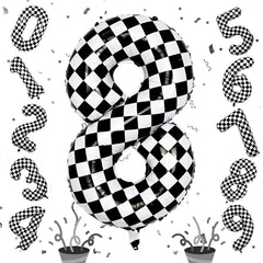 Isndare foil 40in checkered 8th birthday balloon forms bold party backdrop for guests.