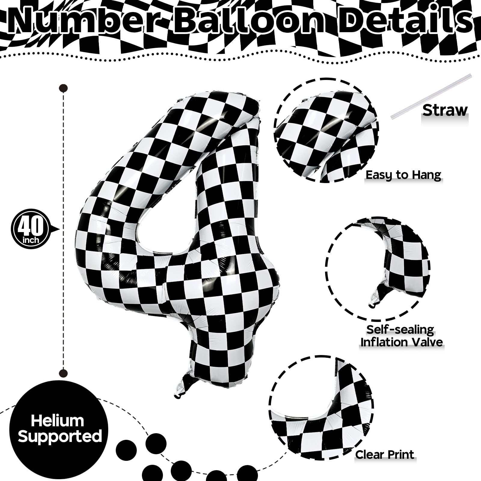 Isndare foil number 4 balloon in black and white grid, durable and reusable.
