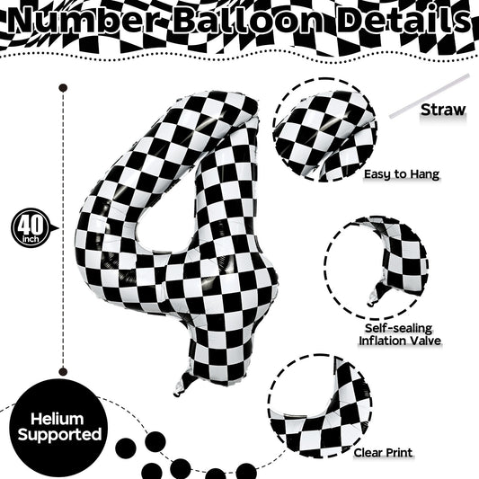 Isndare foil number 4 balloon in black and white grid, durable and reusable.