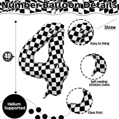 Isndare foil number 4 balloon in black and white grid, durable and reusable.