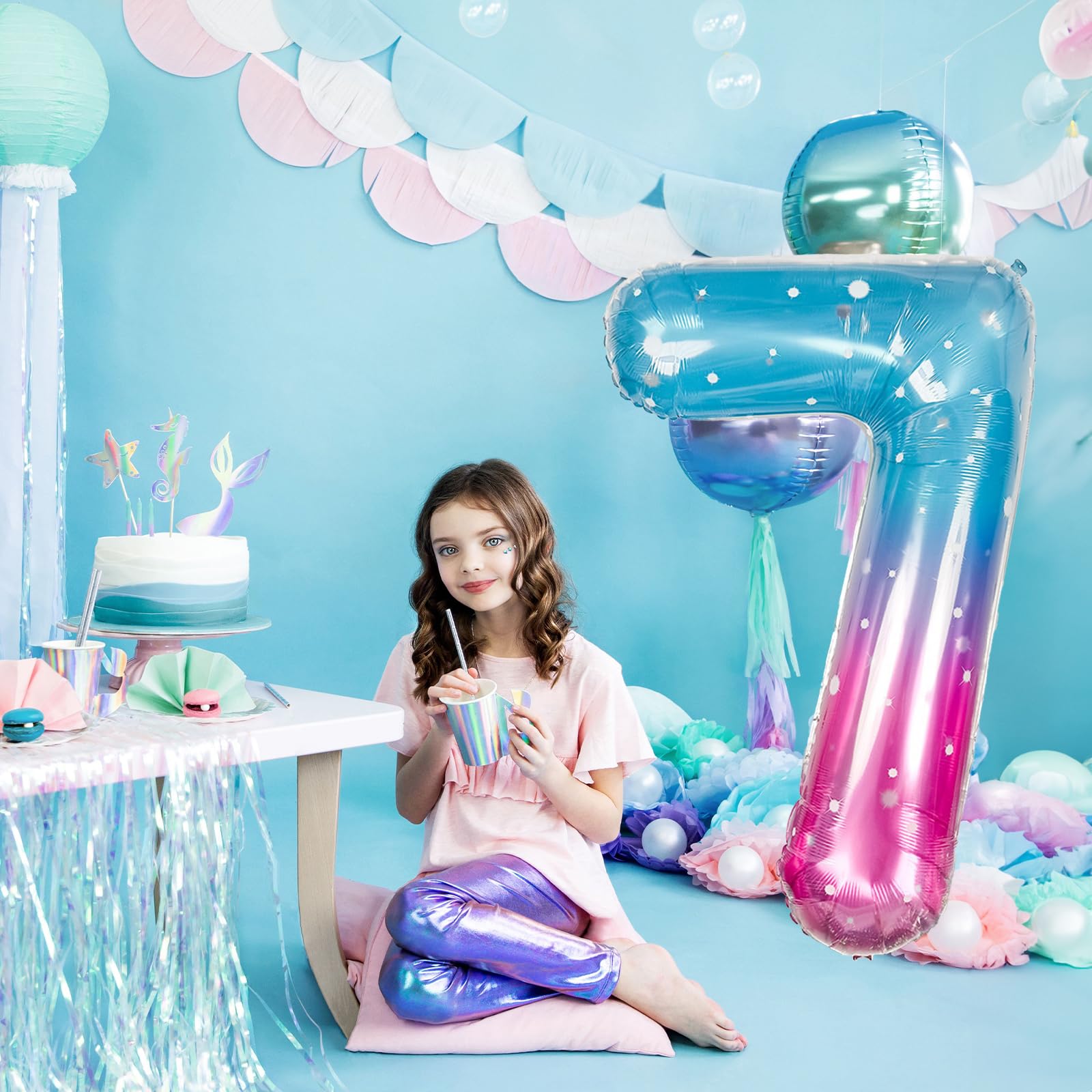 Isndare giant number 7 balloon starry purple teal adds wow to events.
