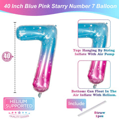 Isndare mermaid number 7 balloon blue pink gradient enhances birthday decor.