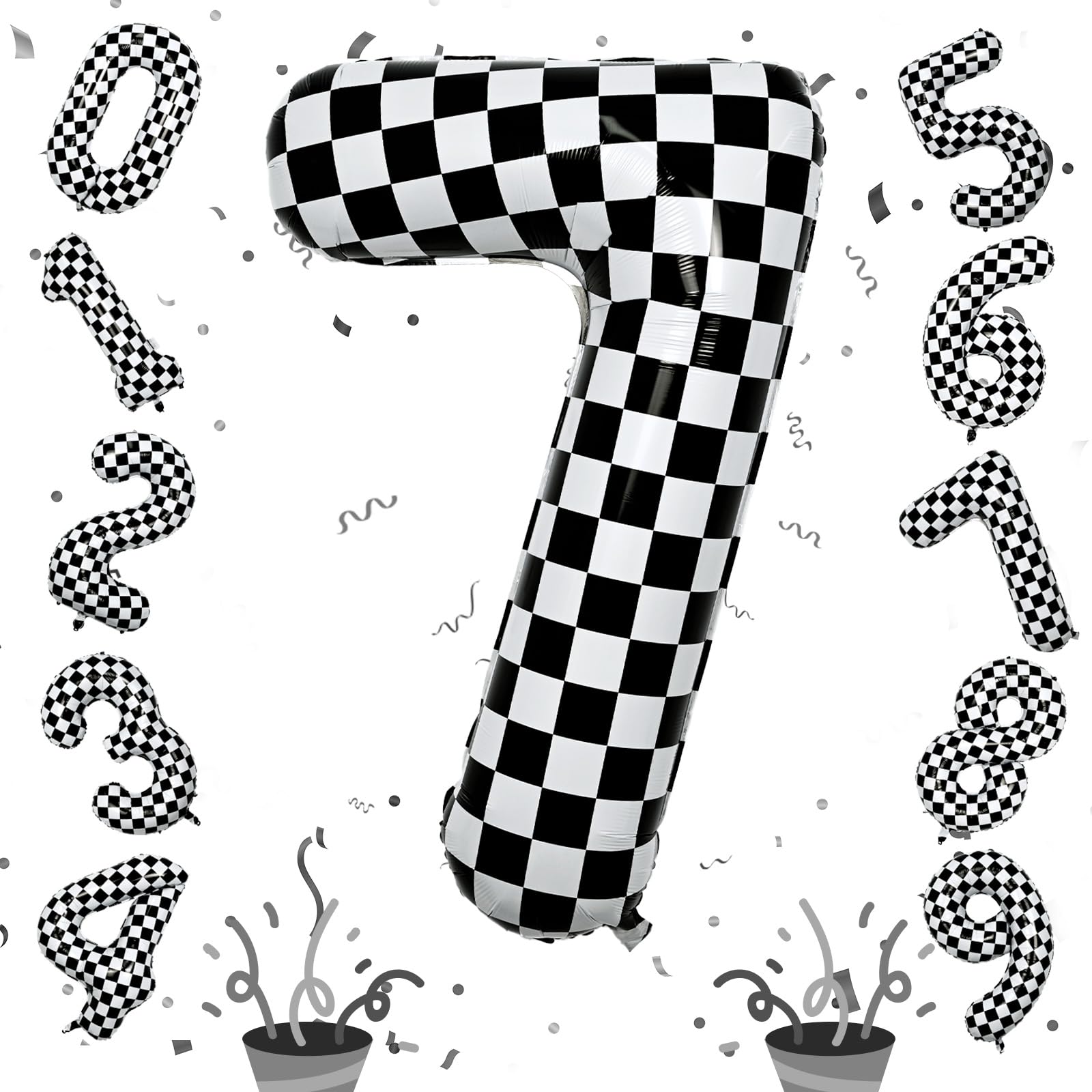 Isndare number 7 balloon with black and white checkered design boosts birthday decor.