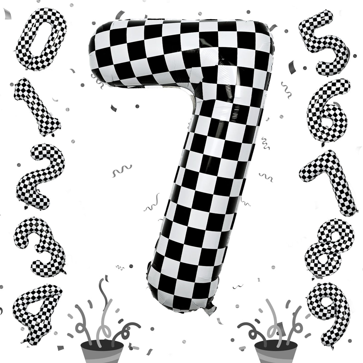 Isndare number 7 balloon with black and white checkered design boosts birthday decor.