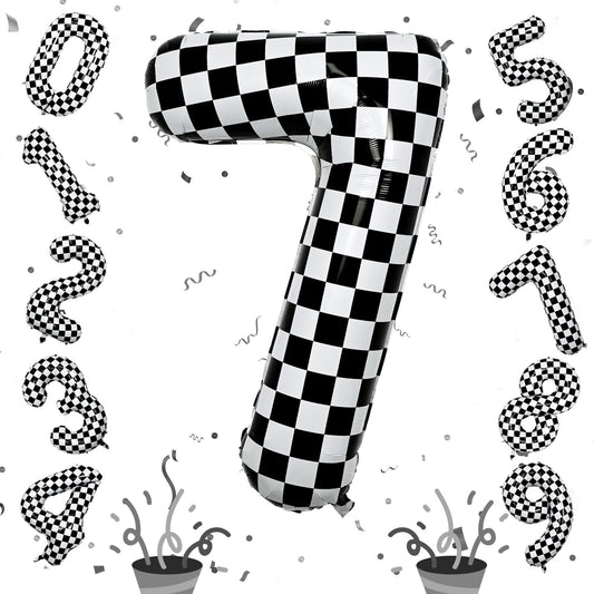 Isndare number 7 balloon with black and white checkered design boosts birthday decor.