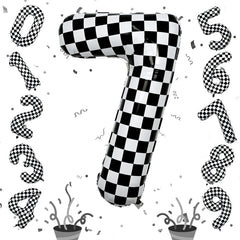 Isndare number 7 balloon with black and white checkered design boosts birthday decor.