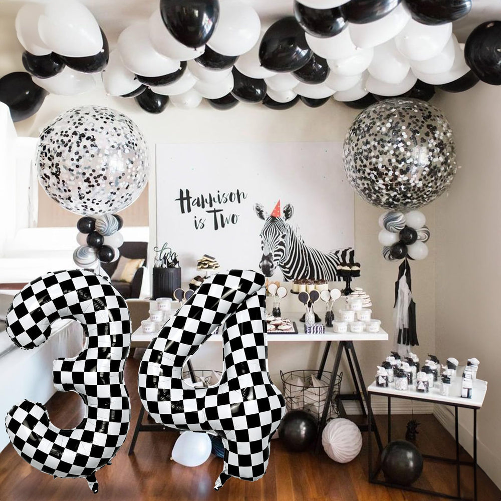 Isndare number 7 checkered balloon pairs with other numbers for versatile milestone decor.