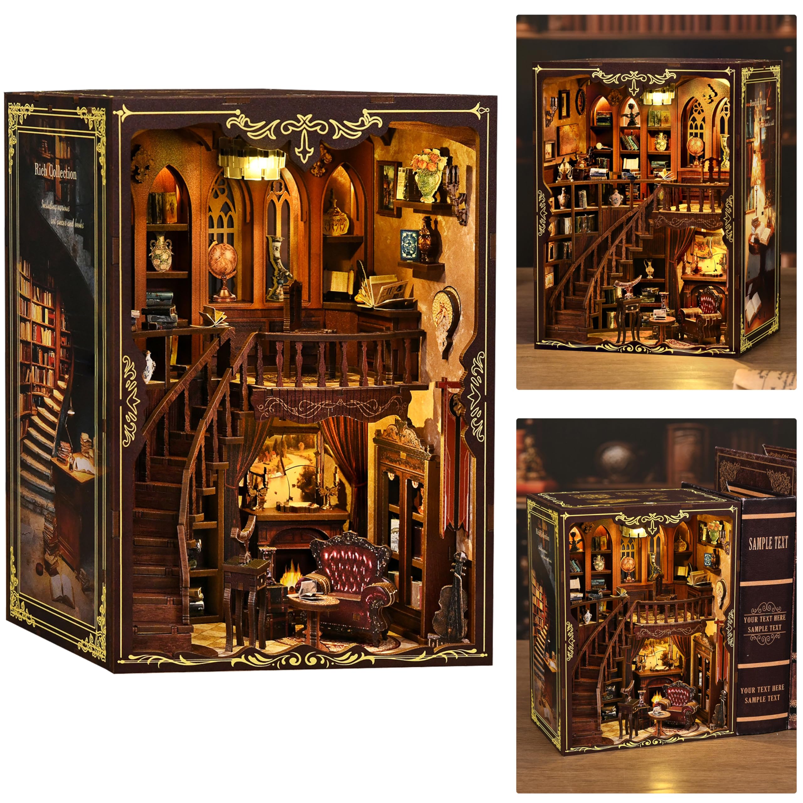 ISSEVE Book Nook Kit Ancient Rhyme Library assembly scene for a cozy reading corner.
