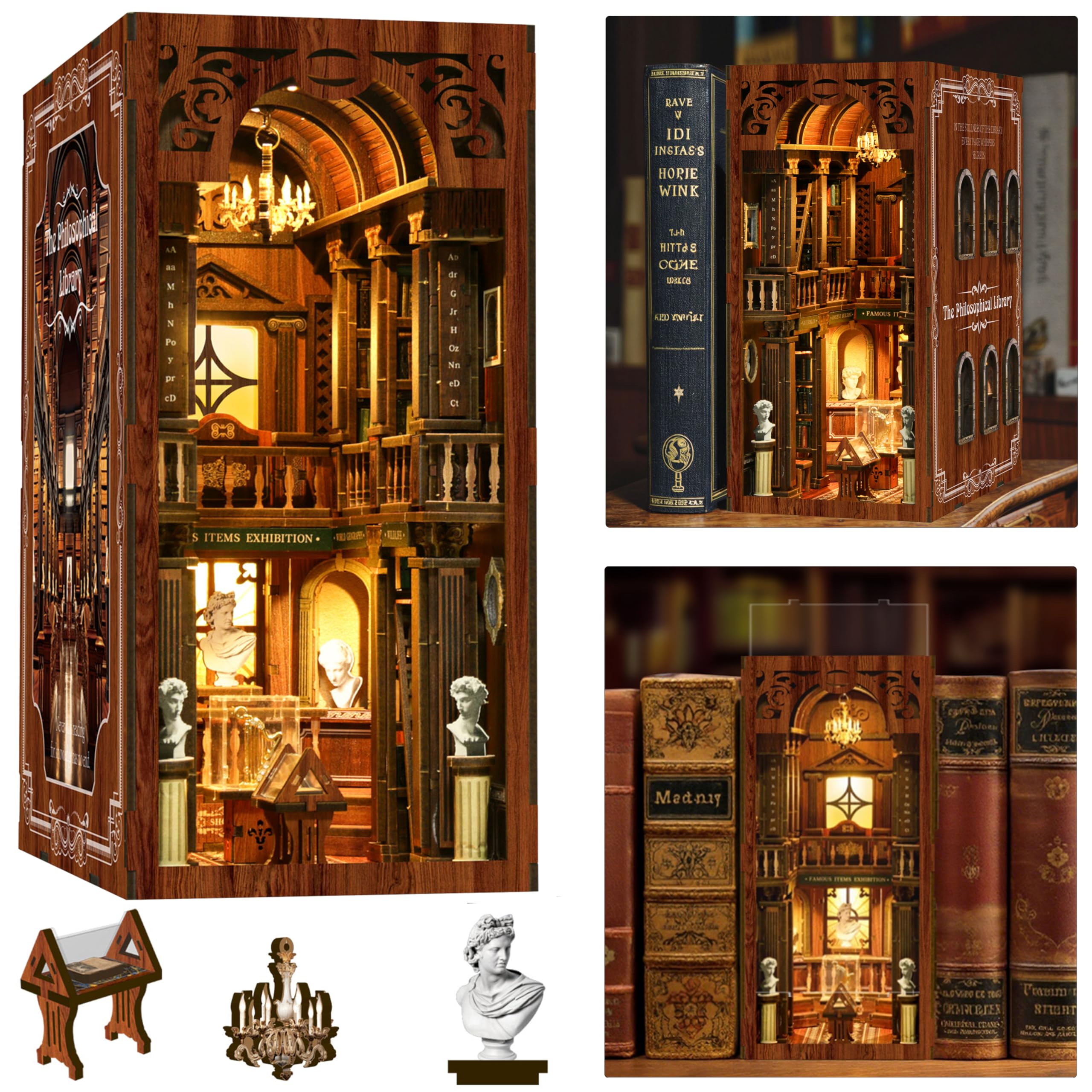 ISSEVE Book Nook Kit assembly scene with shelves and arches for a decorative library display.