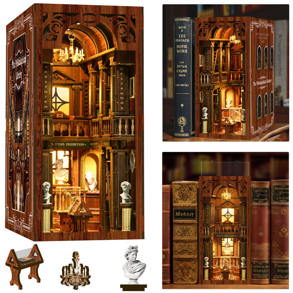ISSEVE Book Nook Kit assembly scene with shelves and arches for a decorative library display.