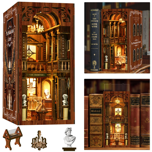 ISSEVE Book Nook Kit assembly scene with shelves and arches for a decorative library display.