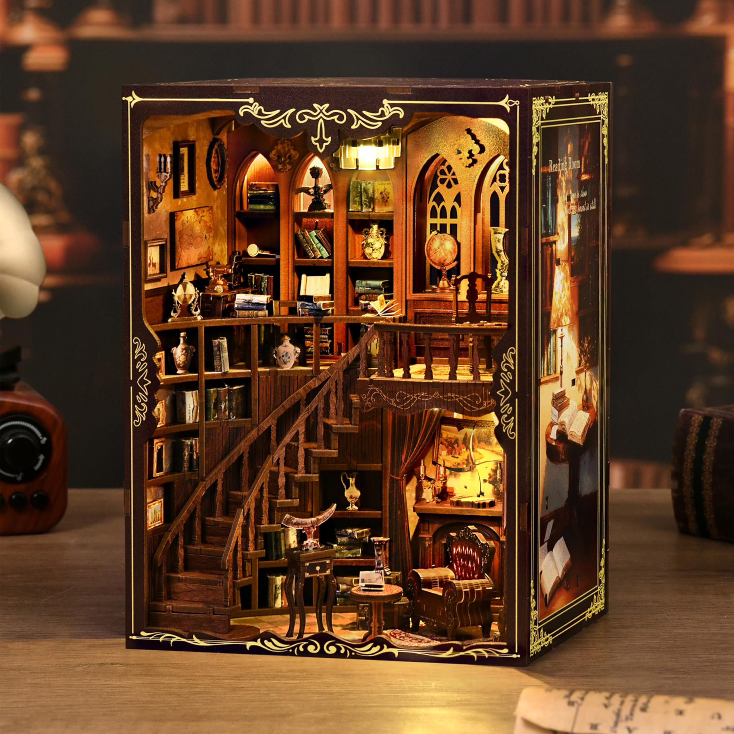 ISSEVE Book Nook Kit wooden panels detail showing craftsmanship.
