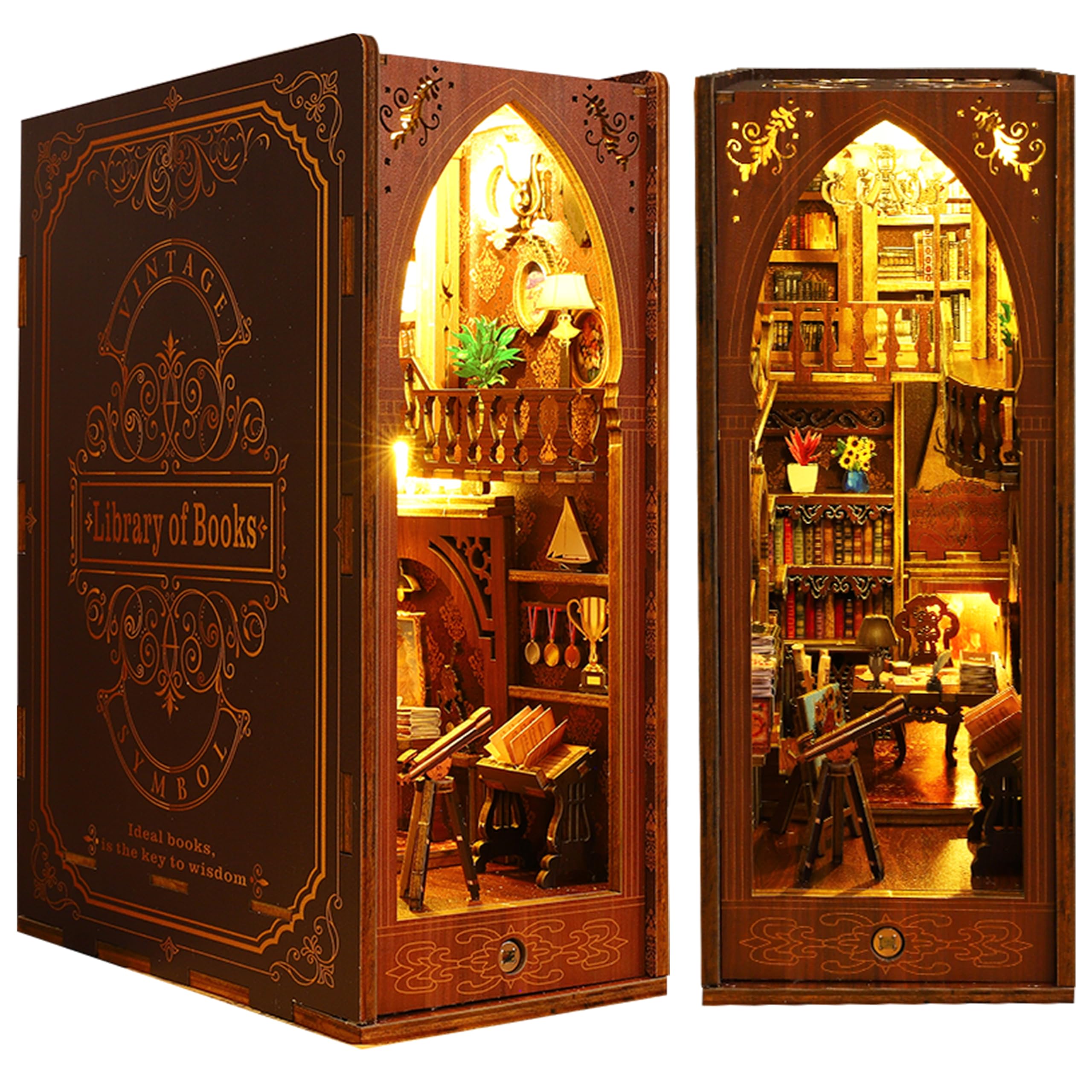 ISSEVE DIY Book Nook Kit cover shows a charming library-inspired shelf display for decor