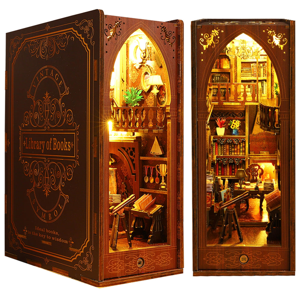 ISSEVE DIY Book Nook Kit cover shows a charming library-inspired shelf display for decor