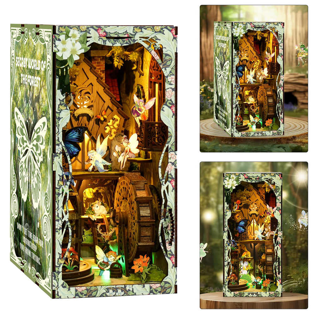 ISSEVE Forest Secret World book nook kit being assembled for creative display.