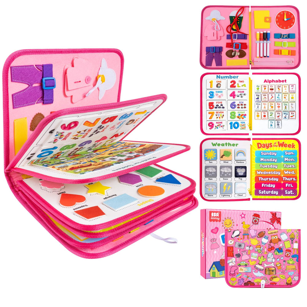 Issray 12-page busy board cover in pink, inviting learning and imaginative play.
