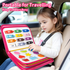 Issray busy board fits in backpacks and diaper bags for car or plane trips.