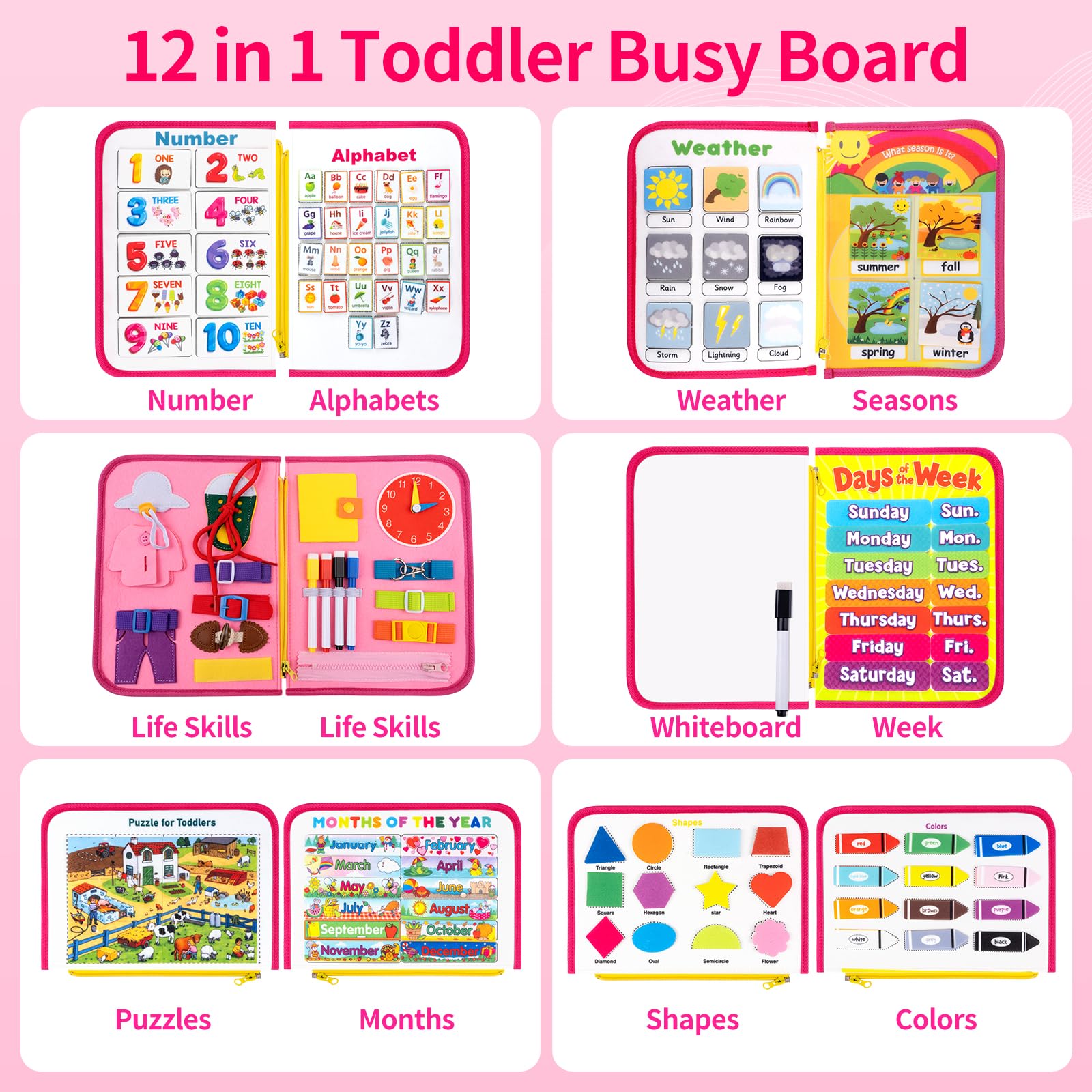 Issray busy board front pages display themes for life skills and early math.