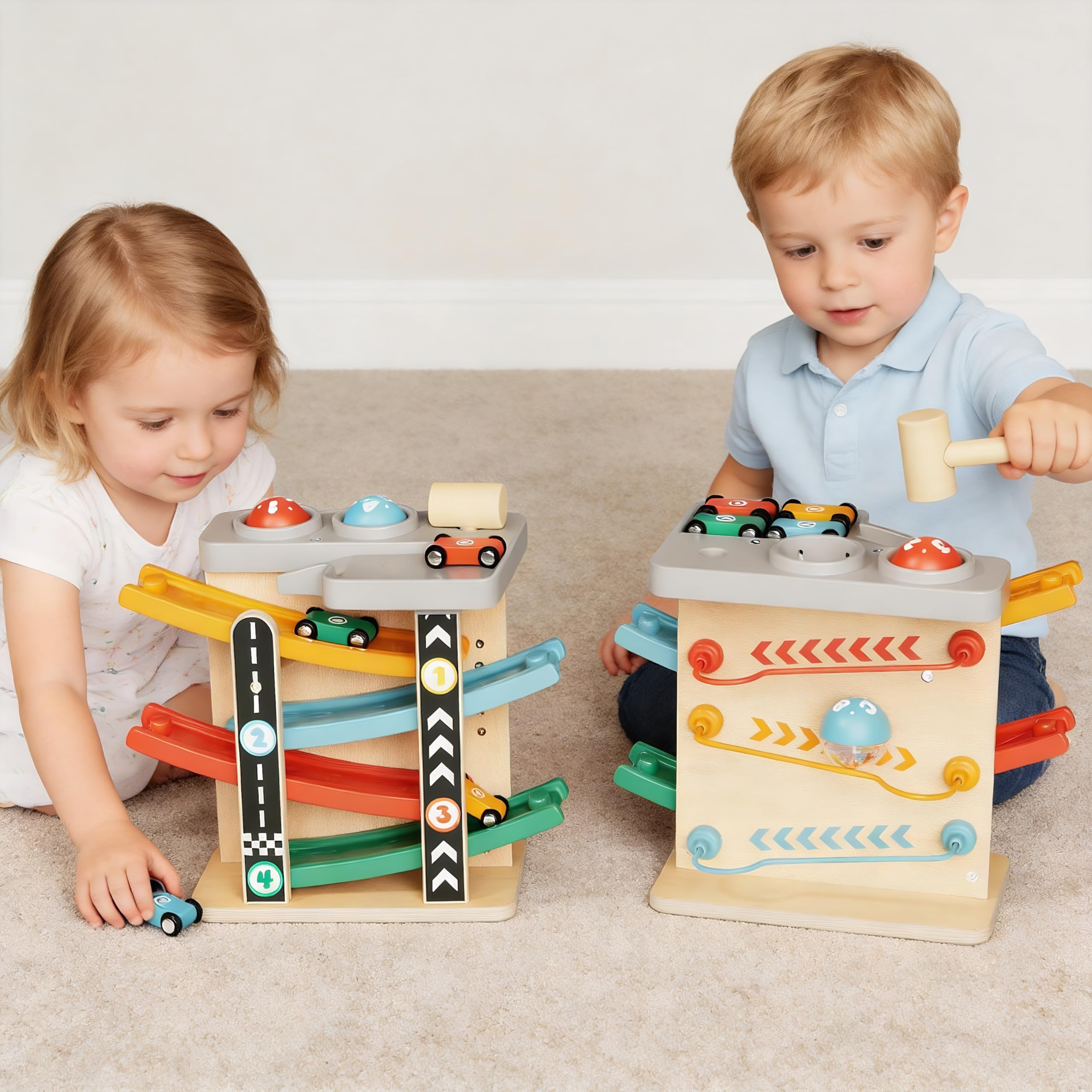 ITAINQ rainbow race car ramp fuels problem-solving and turn-taking during play.