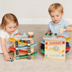 ITAINQ rainbow race car ramp fuels problem-solving and turn-taking during play.