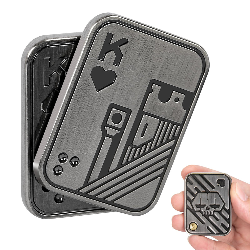 ITOKEY poker card slider close-up; durable zinc alloy and satisfying clicks for stress relief.