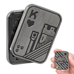 ITOKEY poker card slider close-up; durable zinc alloy and satisfying clicks for stress relief.