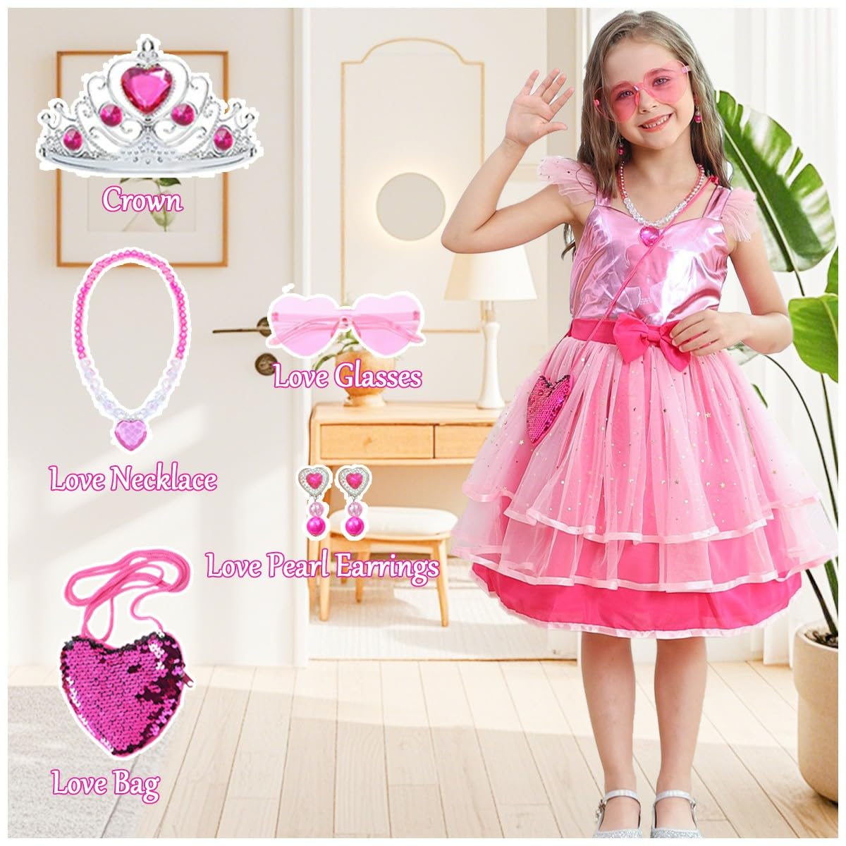 iTVTi accessories set with crown, necklace, earrings, heart glasses, and handbag.