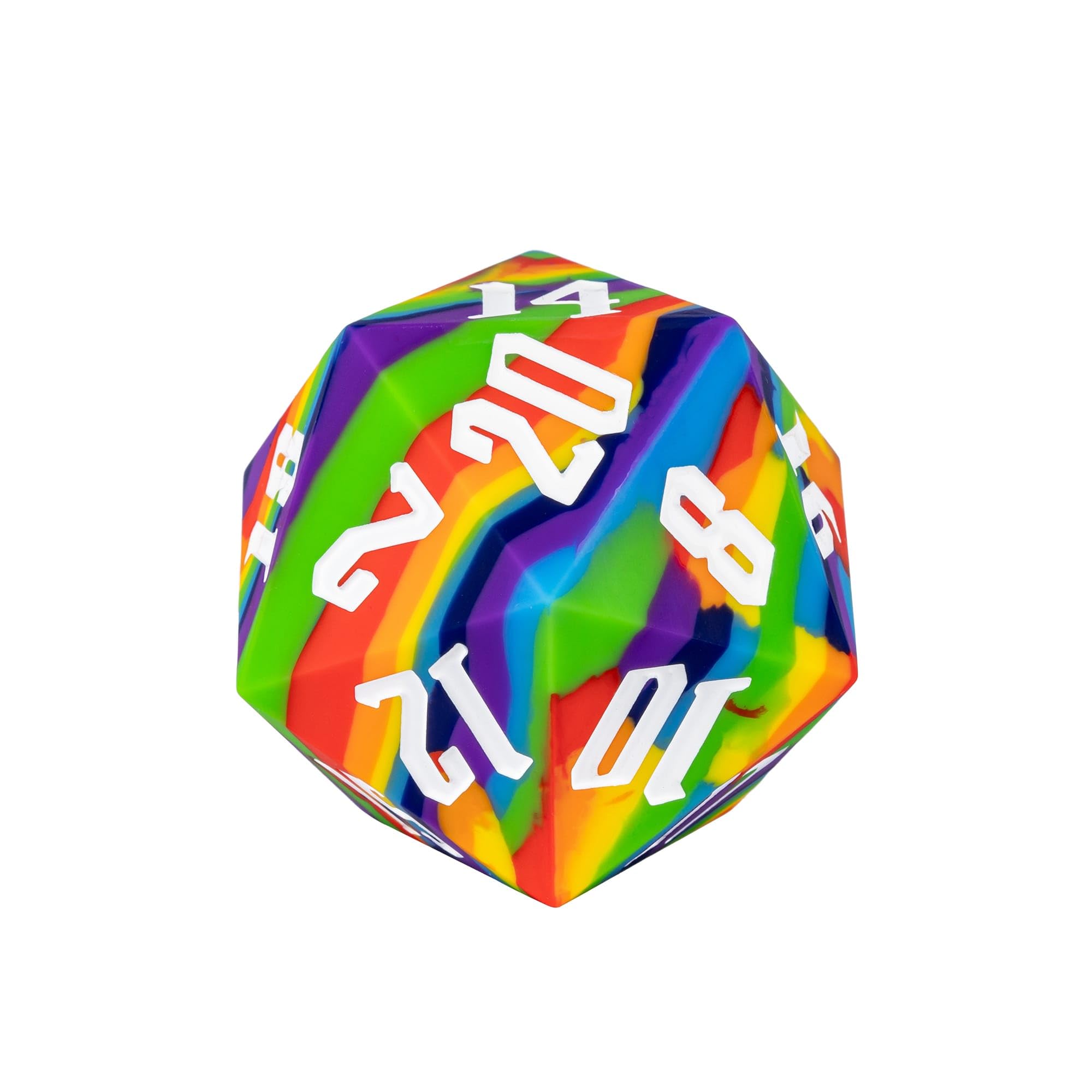IUSTIDIE 55mm rainbow D20 dice with bold numbers for quick, readable rolls.