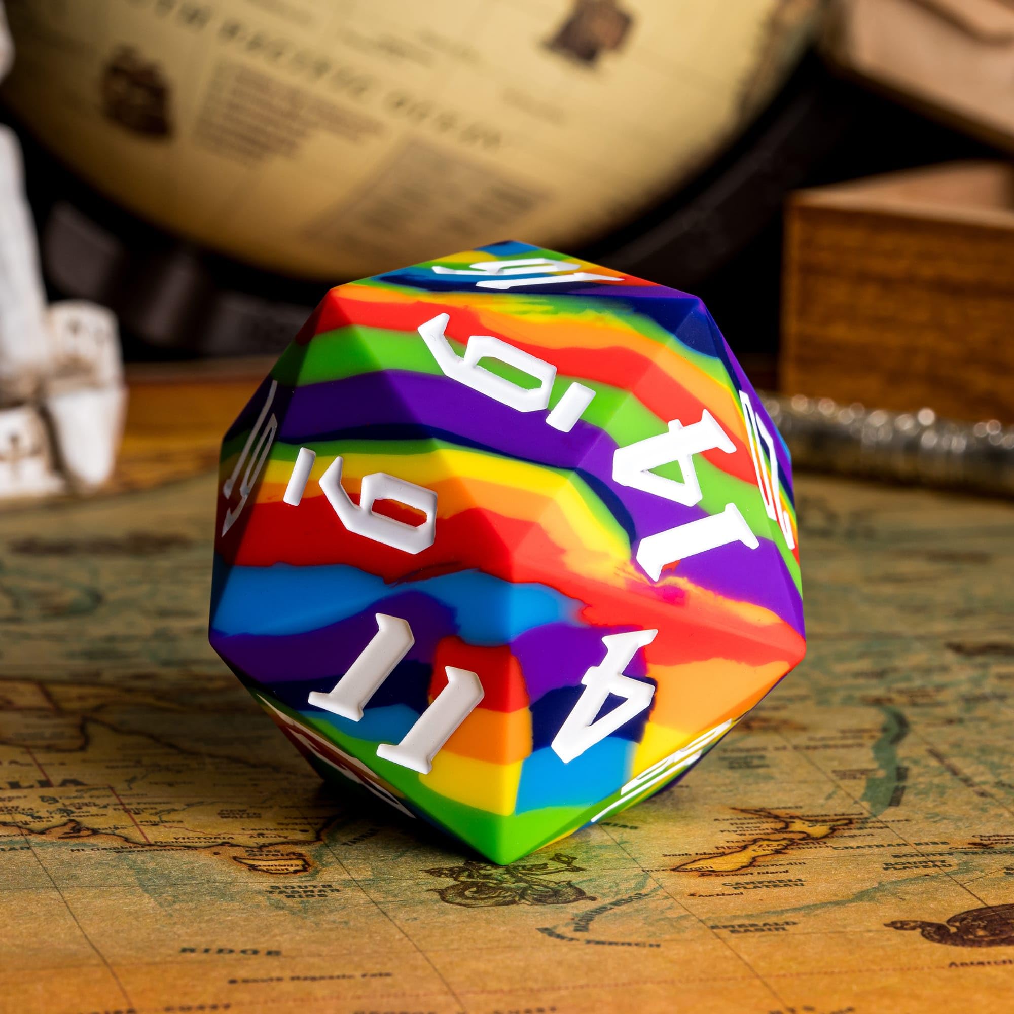 IUSTIDIE rainbow D20 suits bar and party game vibes.