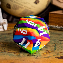 IUSTIDIE rainbow D20 suits bar and party game vibes.