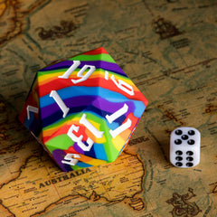 IUSTIDIE rainbow D20 for D&D and RPG sessions, adds flair.