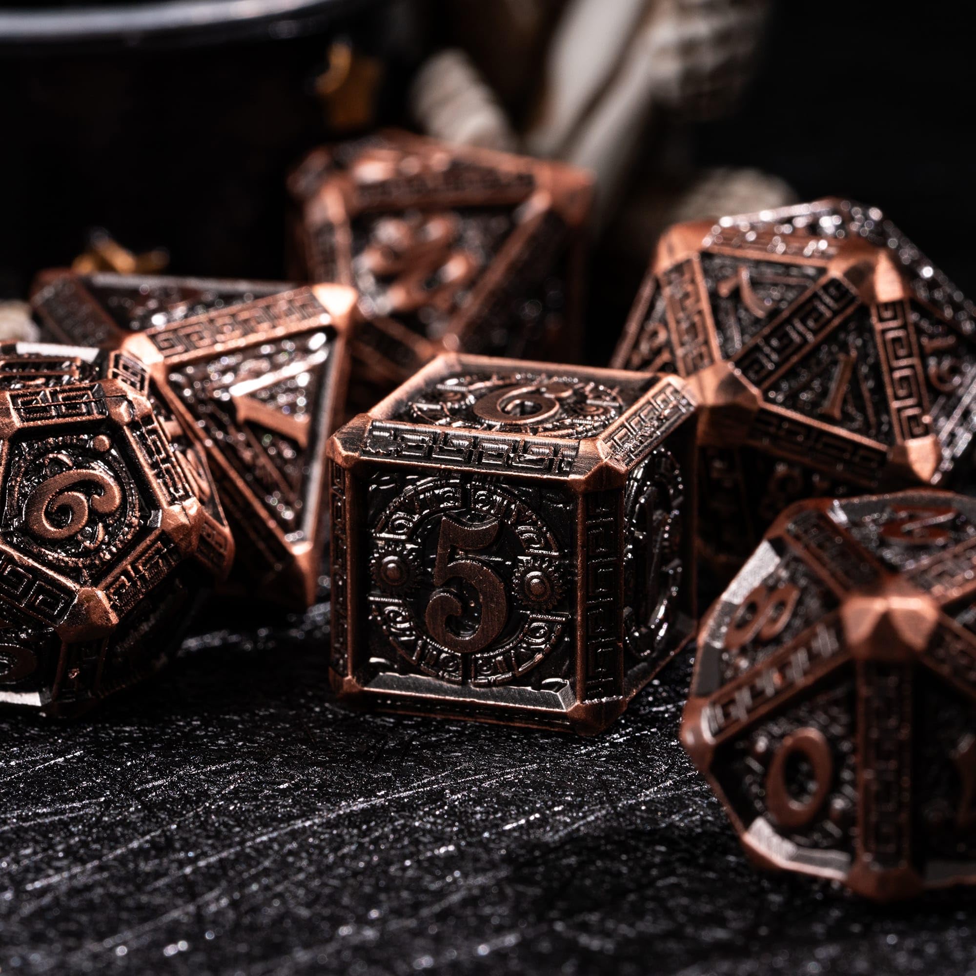 IUSTIDIE dice faces show Mayan symbols for collectible display and gaming flair.