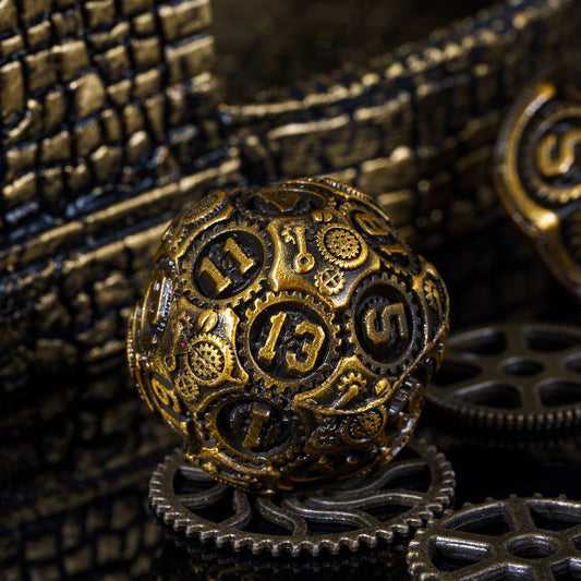 IUSTIDIE dice gears motif on each face enhances steampunk vibe during play.