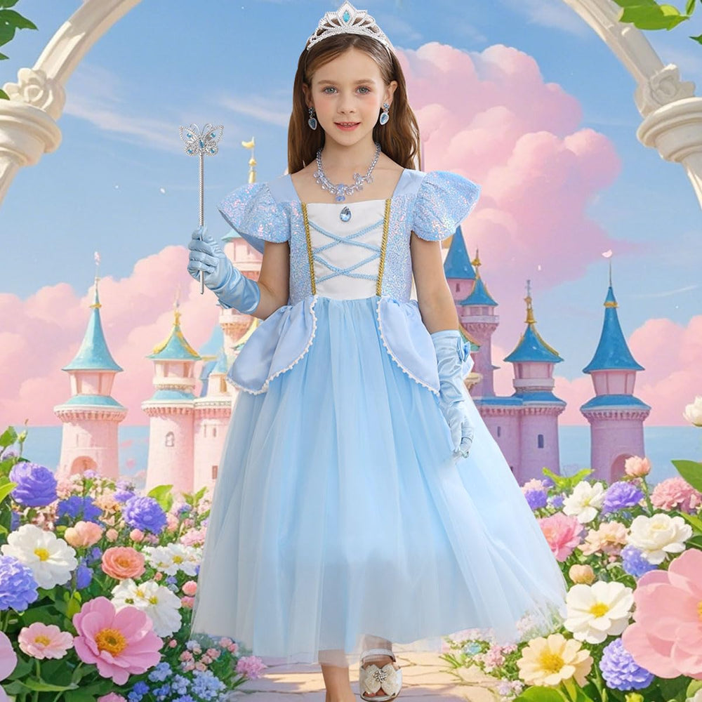 iTVTi Princess Cinderella dress blue back view showing flowing gauze skirt