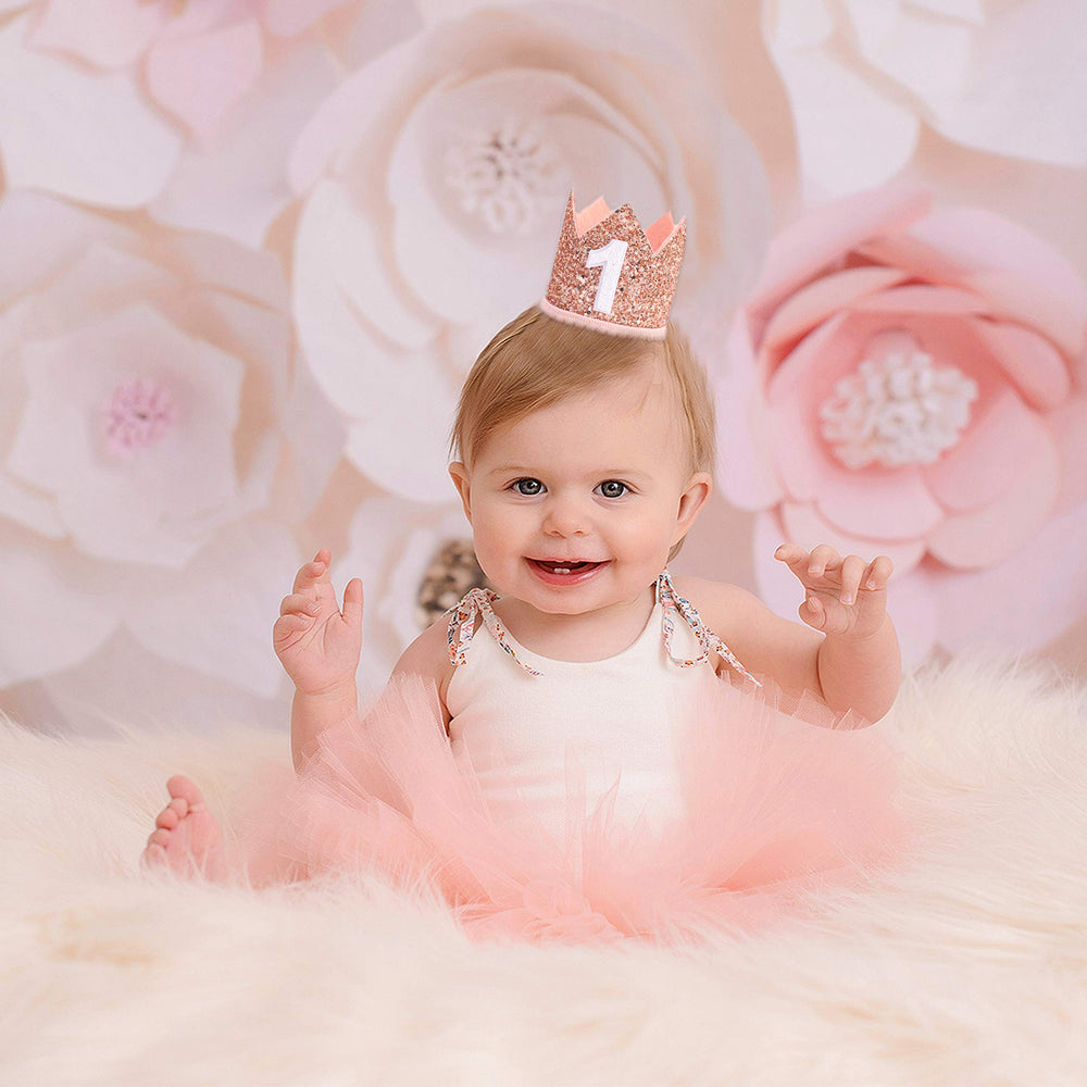 IVYRISE glitter birthday crown pink-gold closeup, shows glitter detail for portraits