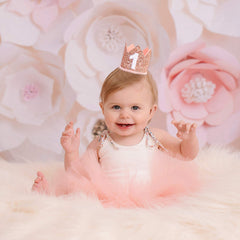 IVYRISE glitter birthday crown pink-gold closeup, shows glitter detail for portraits