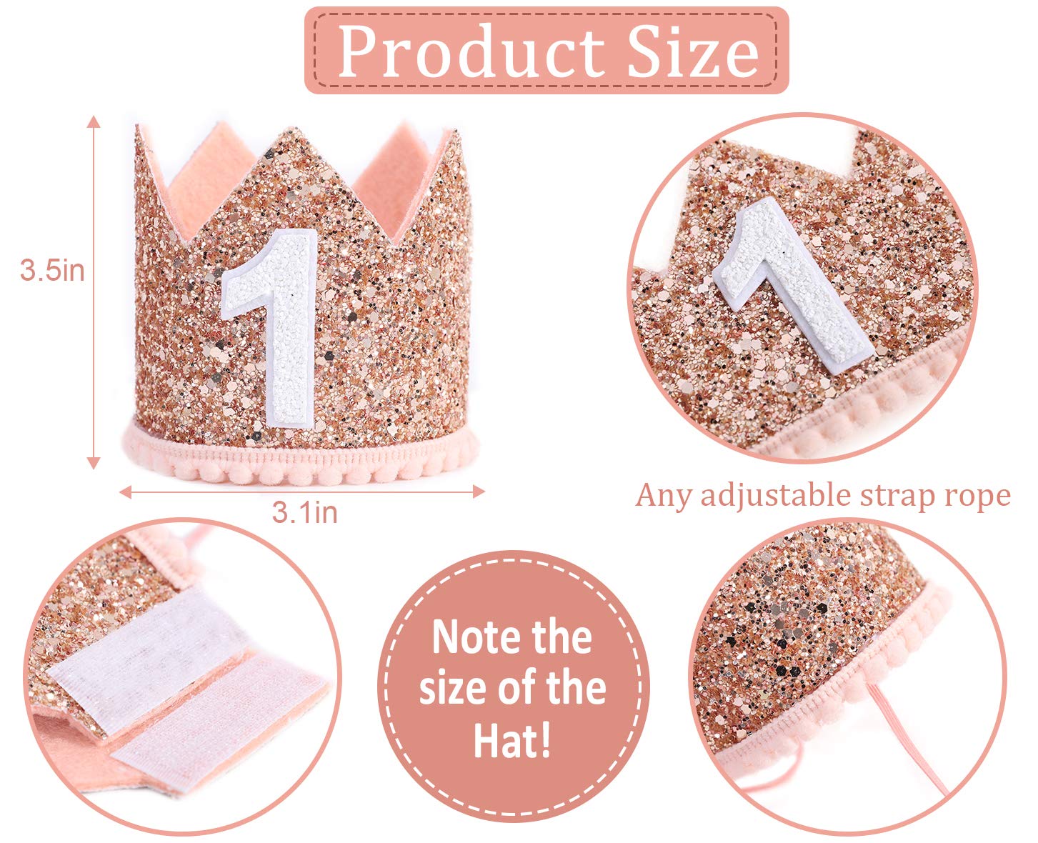 IVYRISE glitter birthday crown pink-gold side view, adds sparkle to party decor
