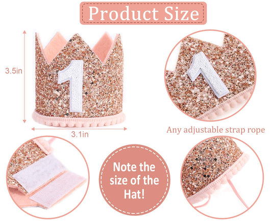 IVYRISE glitter birthday crown pink-gold side view, adds sparkle to party decor